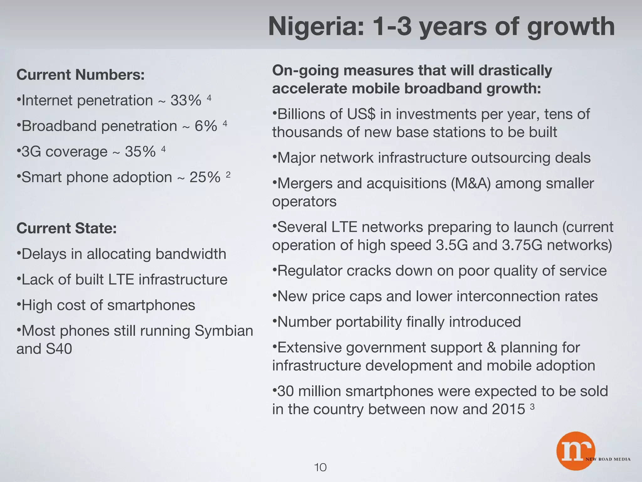 Nigeria: 1-3 years of growth
On-going measures that will drastically
accelerate mobile broadband growth:

Current Numbers:
•Internet penetration ~ 33% 4
•Broadband penetration ~ 6%

4

•Billions of US$ in investments per year, tens of
thousands of new base stations to be built

•3G coverage ~ 35% 4

•Major network infrastructure outsourcing deals

•Smart phone adoption ~ 25% 2

•Mergers and acquisitions (M&A) among smaller
operators

Current State:

•Several LTE networks preparing to launch (current
operation of high speed 3.5G and 3.75G networks)

•Delays in allocating bandwidth
•Lack of built LTE infrastructure
•High cost of smartphones
•Most phones still running Symbian
and S40

•Regulator cracks down on poor quality of service
•New price caps and lower interconnection rates
•Number portability finally introduced
•Extensive government support & planning for
infrastructure development and mobile adoption
•30 million smartphones were expected to be sold
in the country between now and 2015 3

10

 