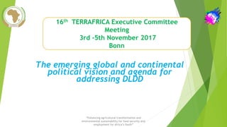 “Enhancing agricultural transformation and
environmental sustainability for food security and
employment for Africa’s Youth”
16th TERRAFRICA Executive Committee
Meeting
3rd -5th November 2017
Bonn
The emerging global and continental
political vision and agenda for
addressing DLDD
 
