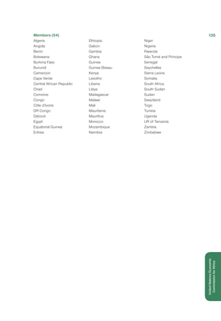 Members (54)
Algeria
Angola
Benin
Botswana
Burkina Faso
Burundi
Cameroon
Cape Verde
Central African Republic
Chad
Comoros
Congo
Côte d’Ivoire
DR Congo
Djibouti
Egypt
Equatorial Guinea
Eritrea
Ethiopia
Gabon
Gambia
Ghana
Guinea
Guinea Bissau
Kenya
Lesotho
Liberia
Libya
Madagascar
Malawi
Mali
Mauritania
Mauritius
Morocco
Mozambique
Namibia
Niger
Nigeria
Rwanda
São Tomé and Príncipe
Senegal
Seychelles
Sierra Leone
Somalia
South Africa
South Sudan
Sudan
Swaziland
Togo
Tunisia
Uganda
UR of Tanzania
Zambia
Zimbabwe
135
UnitedNationsEconomic
CommissionforAfrica
 