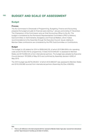 BUDGET AND SCALE OF ASSESSMENT
Budget
Process
The AU Commission’s Directorate of Programming, Budgeting, Finance and Accounting
prepares the budget annually for financial years starting 1 January and ending 31 December.
The Chairperson of the Commission acts as Chief Accounting Officer to the AU. The
budget is considered by the Permanent Representatives Committee’s (PRC’s) Advisory
Sub-Committee on Administrative, Budgetary and Financial Matters, which makes
recommendations to the Assembly through the Executive Council. Issues relating to
Member State contributions are considered by the PRC Sub-Committee on Contributions.
Budget
The budget (in US dollars) for 2014 is $308,048,376, of which $137,884,958 is for operating
costs and $170,163,418 for programmes. A total of $137,949,831 is assessed to Member
States and $170,098,545 is from international partners. The budget was adopted by Executive
Council decision 767(XXIII) of May 2013 and confirmed by Assembly decision 4(XXI) of
May 2013.
The 2013 budget was $278,226,622,1
of which $122,866,637 was assessed to Member States
and $155,359,986 sourced from international partners (Assembly/AU/Dec.438(XIX)).
Note
1	 There is a $1 difference in the total compared with the ‘assessed to Member States’ figure plus ‘sourced from international
partners’ figure because of rounding up and down of numbers.
160
 