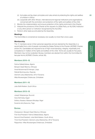 (ii) 	 formulate and lay down principles and rules aimed at protecting the rights and welfare
of children in Africa
(iii) 	cooperate with other African, international and regional institutions and organisations
concerned with the promotion and protection of the rights and welfare of the child
2.	 Monitor the implementation and ensure protection of the rights enshrined in the Charter
3.	 Interpret the provisions of the Charter at the request of a State Party, an AU/OAU institution
or any other person or institution recognised by the AU/OAU
4.	 Perform other tasks as entrusted by the Assembly.
Meetings
The Committee is convened as necessary, but usually no more than once a year.
Membership
The 11 members serve in their personal capacities and are elected by the Assembly in a
secret ballot from a list of people nominated by States Parties to the Charter (ACRWC Charter,
article 34). Candidates are required to be of high moral standing, integrity, impartiality and
competence in matters of the rights and welfare of the child. Terms are usually for five years.
Members may not be re-elected. Bureau members are elected from within the Committee for
two-year terms (ACRWC Charter, article 38).
Members 2010–15
Fatima Delladj-Sebaa, Algeria
Benyam Dawit Mezmur, Ethiopia
Amal Muhammad El Henqari, Libya
Félicité Muhimpundu, Rwanda
Clement Julius Mashamba, UR of Tanzania
Alfas Muvavarigwa Chitakunye, Zimbabwe
Members 2011–16
Julia Sloth-Nielsen, South Africa
Members 2013–16
Joseph Ndayisenga, Burundi
Azza Ashmawy, Egypt
Sidikou Aissatou Alassane Moulaye, Niger
Suzanne aho-Assouma, Togo
Bureau
Chairperson: Benyam Dawit Mezmur, Ethiopia
First Vice-President: Fatima Delladj-Sebaa, Algeria
Second Vice-President: Julia Sloth-Nielsen, South Africa
Third Vice-President: Clement Julius Mashamba, UR of Tanzania
Rapporteur: Alfas Muvavarigwa Chitakunye, Zimbabwe
81
JudicialandHuman
Rights Institutions
 