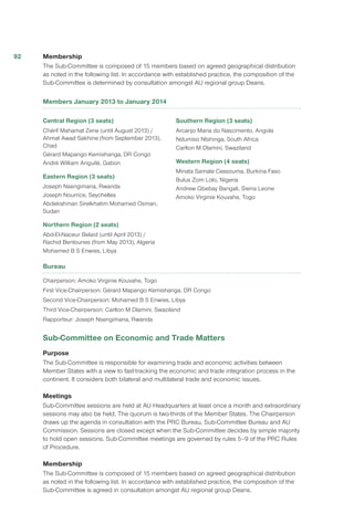 Membership
The Sub-Committee is composed of 15 members based on agreed geographical distribution
as noted in the following list. In accordance with established practice, the composition of the
Sub-Committee is determined by consultation amongst AU regional group Deans.
Members January 2013 to January 2014
Central Region (3 seats)
Chérif Mahamat Zene (until August 2013) /
Ahmat Awad Sakhine (from September 2013),
Chad
Gérard Mapango Kemishanga, DR Congo
André William Anguilé, Gabon
Eastern Region (3 seats)
Joseph Nsengimana, Rwanda
Joseph Nourrice, Seychelles
Abdelrahman Sirelkhatim Mohamed Osman,
Sudan
Northern Region (2 seats)
Abd-El-Naceur Belaid (until April 2013) /
Rachid Benlounes (from May 2013), Algeria
Mohamed B S Enwies, Libya
Southern Region (3 seats)
Arcanjo Maria do Nascimento, Angola
Ndumiso Ntshinga, South Africa
Carlton M Dlamini, Swaziland
Western Region (4 seats)
Minata Samate Cessouma, Burkina Faso
Bulus Zom Lolo, Nigeria
Andrew Gbebay Bangali, Sierra Leone
Amoko Virginie Kouvahe, Togo
Bureau
Chairperson: Amoko Virginie Kouvahe, Togo
First Vice-Chairperson: Gérard Mapango Kemishanga, DR Congo
Second Vice-Chairperson: Mohamed B S Enwies, Libya
Third Vice-Chairperson: Carlton M Dlamini, Swaziland
Rapporteur: Joseph Nsengimana, Rwanda
Sub-Committee on Economic and Trade Matters
Purpose
The Sub-Committee is responsible for examining trade and economic activities between
Member States with a view to fast-tracking the economic and trade integration process in the
continent. It considers both bilateral and multilateral trade and economic issues.
Meetings
Sub-Committee sessions are held at AU Headquarters at least once a month and extraordinary
sessions may also be held. The quorum is two-thirds of the Member States. The Chairperson
draws up the agenda in consultation with the PRC Bureau, Sub-Committee Bureau and AU
Commission. Sessions are closed except when the Sub-Committee decides by simple majority
to hold open sessions. Sub-Committee meetings are governed by rules 5–9 of the PRC Rules
of Procedure.
Membership
The Sub-Committee is composed of 15 members based on agreed geographical distribution
as noted in the following list. In accordance with established practice, the composition of the
Sub-Committee is agreed in consultation amongst AU regional group Deans.
92
 
