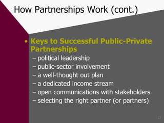 How Partnerships Work (cont.) Keys to Successful Public-Private Partnerships political leadership public-sector involvement a well-thought out plan a dedicated income stream open communications with stakeholders selecting the right partner (or partners) 