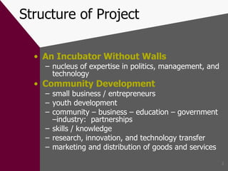 Structure of Project An Incubator Without Walls nucleus of expertise in politics, management, and technology Community Development small business / entrepreneurs youth development community – business – education – government –industry:  partnerships skills / knowledge research, innovation, and technology transfer marketing and distribution of goods and services 