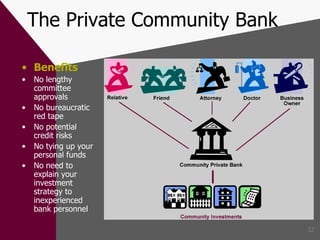 The Private Community Bank Benefits No lengthy committee approvals No bureaucratic red tape No potential credit risks No tying up your personal funds No need to explain your investment strategy to inexperienced bank personnel 