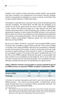 88 Expanding opportunities for and with Young people in Africa 
Analysis of the content of these documents reveals whether young people 
have been consulted in the development of the poverty reduction strategy, 
whether young people are identified as a group in poverty, and whether they 
are given specific attention in PRSP action plans. 
Consultation is expected to be a key step in the process of developing poverty 
reduction strategies. The World Bank and IMF want the strategies to be 
owned not just by the governments but also by other major stakeholders 
in each country. They view the process as a major advance over their past 
practice where they relied on elite discussions that resulted in often private 
agreements. However, an early review of the PRSP process in nine countries, 
three of which are in Africa, found evidence of a lack of appropriate institutional 
frameworks to encourage participation. This has affected the involvement of 
women, children, young people, indigenous groups and rural communities 
(Sanchez and Cash 2003). 
By the end of 2007, 28 African countries42 had completed PRSPs several 
countries have completed a second Paper (only their more recent strategy 
is included in the survey). All PRSPs referred to the consultations undertaken 
as part of the process of formulation. A search of every document was made 
to check for explicit reference to the inclusion of “youth” or “young people” in 
the consultation process. The results of the search revealed that only 12 of 
the 28 current PRSPs explicitly mentioned that youth or young people had 
been included in the consultation process (table 3). This is not to claim that 
the other countries did not include young people in the consultation process, 
although it is likely that they were not represented as a specific group. 
Table 3. Mention of youth or young people as a group consulted as part of 
the PRSP process, as reported in PRSPs completed by December 2007 
Yes No Total 
Number of PRSPs 12 16 28 
Percentage 42.9 57.1 100.0 
In Zambia, for example, discussions were held in each community with three 
different groups – men, women and young people - to identify their various 
needs through tools such as sequence ranking, seasonality calendars, and 
focus group discussions (Mutwale 2006). 
42 Benin, Burkina Faso, Burundi, Cameroon, Cape Verde, Central African Republic, Chad, Demo-cratic 
Republic of the Congo, Ethiopia, Gambia, Ghana, Guinea, Kenya, Lesotho, Madagascar, 
Malawi, Mali, Mauritania, Mozambique, Niger, Nigeria, Rwanda, Sao Tome and Principe, Sen-egal, 
Sierra Leone, Uganda, the United Republic of Tanzania and Zambia. 
 