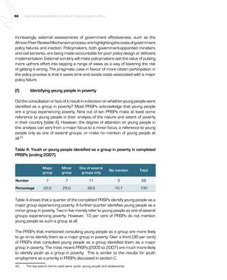 90 Expanding opportunities for and with Young people in Africa 
Increasingly, external assessments of government effectiveness, such as the 
African Peer Review Mechanism process, are highlighting the costs of government 
policy failures and inaction. Policymakers, both government-appointed ministers 
and civil servants, are being made accountable for poor policy design or deficient 
implementation. External scrutiny will make policymakers see the value of putting 
more upfront effort into tapping a range of views as a way of lowering the risk 
of getting it wrong. The pragmatic case in favour of more citizen participation in 
the policy process is that it saves time and avoids costs associated with a major 
policy failure. 
(f) Identifying young people in poverty 
Did the consultation or lack of it result in a decision on whether young people were 
identified as a group in poverty? Most PRSPs acknowledge that young people 
are a group experiencing poverty. Nine out of ten PRSPs make at least some 
reference to young people in their analysis of the nature and extent of poverty 
in their country (table 4). However, the degree of attention on young people in 
this analysis can vary from a major focus to a minor focus, a reference to young 
people only as one of several groups, or make no mention of young people at 
all.43 
Table 4. Youth or young people identified as a group in poverty in completed 
PRSPs (ending 2007) 
Major 
group 
Minor 
group 
One of several 
groups only 
No mention Total 
Number 7 7 11 3 28 
Percentage 25.0 25.0 39.3 10.7 100 
Table 4 shows that a quarter of the completed PRSPs identify young people as a 
major group experiencing poverty. A further quarter identifies young people as a 
minor group in poverty. Two in five merely refer to young people as one of several 
groups experiencing poverty. However, 10 per cent of PRSPs do not mention 
young people as such a group at all. 
The PRSPs that mentioned consulting young people as a group are more likely 
to go on to identify them as a major group in poverty. Over a third (36 per cent) 
of PRSPs that consulted young people as a group identified them as a major 
group in poverty. The most recent PRSPs (2005 to 2007) are much more likely 
to identify youth as a group in poverty. This is similar to the results for youth 
employment as a priority in PRSPs discussed in section C. 
43 The key search terms used were: youth, young people and adolescents. 
 