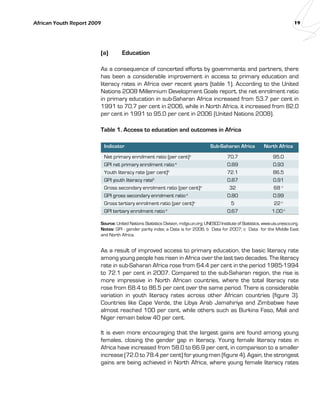African Youth Report 2009 19 
(a) Education 
As a consequence of concerted efforts by governments and partners, there 
has been a considerable improvement in access to primary education and 
literacy rates in Africa over recent years (table 1). According to the United 
Nations 2008 Millennium Development Goals report, the net enrolment ratio 
in primary education in sub-Saharan Africa increased from 53.7 per cent in 
1991 to 70.7 per cent in 2006, while in North Africa, it increased from 82.0 
per cent in 1991 to 95.0 per cent in 2006 (United Nations 2008). 
Table 1. Access to education and outcomes in Africa 
Indicator Sub-Saharan Africa North Africa 
Net primary enrolment ratio (per cent)a 70.7 95.0 
GPI net primary enrolment ratio a 0.89 0.93 
Youth literacy rate (per cent)b 72.1 86.5 
GPI youth literacy rateb 0.87 0.91 
Gross secondary enrolment ratio (per cent)a 32 68 c 
GPI gross secondary enrolment ratio a 0.80 0.99 
Gross tertiary enrolment ratio (per cent)a 5 22 c 
GPI tertiary enrolment ratio a 0.67 1.00 c 
Source: United Nations Statistics Division, mdgs.un.org; UNESCO Institute of Statistics, www.uis.unesco.org. 
Notes: GPI - gender parity index; a Data is for 2006; b Data for 2007; c Data for the Middle East 
and North Africa. 
As a result of improved access to primary education, the basic literacy rate 
among young people has risen in Africa over the last two decades. The literacy 
rate in sub-Saharan Africa rose from 64.4 per cent in the period 1985-1994 
to 72.1 per cent in 2007. Compared to the sub-Saharan region, the rise is 
more impressive in North African countries, where the total literacy rate 
rose from 68.4 to 86.5 per cent over the same period. There is considerable 
variation in youth literacy rates across other African countries (figure 3). 
Countries like Cape Verde, the Libya Arab Jamahiriya and Zimbabwe have 
almost reached 100 per cent, while others such as Burkina Faso, Mali and 
Niger remain below 40 per cent. 
It is even more encouraging that the largest gains are found among young 
females, closing the gender gap in literacy. Young female literacy rates in 
Africa have increased from 58.0 to 66.9 per cent, in comparison to a smaller 
increase (72.0 to 78.4 per cent) for young men (figure 4). Again, the strongest 
gains are being achieved in North Africa, where young female literacy rates 
 