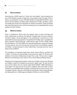 56 Expanding opportunities for and with Young people in Africa 
(f) Road accidents 
According to a WHO report on “Youth and road safety”, road accidents are 
one of the leading causes of death for young people under the age of 25 in 
Africa, accounting for around 105,000 deaths annually (WHO 2007). In fact, 
Africa has the highest mortality rates resulting from traffic accidents, which 
are largely due to the poor standards of roads and vehicles. These accidents 
also injure thousands more, and the consequences are devastating for young 
people and their families. 
(g) Maternal deaths 
Girls in sub-Saharan Africa have the highest rates of early marriage and 
early motherhood, as well as the highest mortality rates for young mothers 
and their babies. Young teenagers in the sub-Saharan countries are more 
vulnerable to becoming pregnant. The adolescent fertility rate in sub-Saharan 
Africa reached 144.2 births per 1,000 women aged 15-19 in 2000. While 
this had fallen to 131.8 by 2005, the rate still represents a large percentage 
of young women who are prematurely removed from the education system 
and labour market because of early motherhood. They also face the risk of 
dying during childbirth. 
The prevalence of teenage pregnancies varies across African countries. As 
in figure 10 shows, the percentage of young women aged 15-19 who have 
already commenced childbearing ranges from under 10 per cent in Egypt, 
Morocco and Rwanda to over 35 per cent in Chad, Mali and Mozambique. 
Adolescent marriage leads to higher maternal mortality. In Cameroon, Ethiopia 
and, Nigeria maternal mortality among women aged under 16 was found to 
be six times higher than for women aged 20-24 (WHO 1996). Morbidity is 
even higher. For every woman who dies in childbirth, 30 more suffer injuries, 
infections and disabilities that usually go untreated. Some of the injuries, such 
as obstetric fistula, ruptures in the birth canal and pelvic inflammatory disease, 
are lifelong (Forum on Marriage and Rights of Women and Girls 2003). 
 