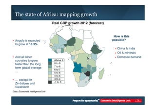 The state of Africa: mapping growth 
Data: Economist Intelligence Unit 
• How is this 
possible? 
¾ China & India 
¾ Oil & minerals 
¾ Domestic demand 
Real GDP growth 2012 (forecast) 
• Angola is expected 
to grow at 10.3% 
• And all other 
countries to grow 
faster than the long 
term global average 
… 
• … except for 
Zimbabwe and 
Swaziland 
Above 9 
8 to 9 
7 to 8 
6 to 7 
5 to 6 
4 to 5 
3 to 4 
-1 to 3 
 