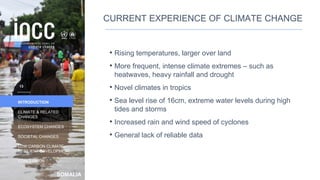 SOMALIA
INTRODUCTION
CLIMATE & RELATED
CHANGES
ECOSYSTEM CHANGES
SOCIETAL CHANGES
LOW CARBON CLIMATE-
RESILIENT DEVELOPMENT
CONCLUSION
CURRENT EXPERIENCE OF CLIMATE CHANGE
• Rising temperatures, larger over land
• More frequent, intense climate extremes – such as
heatwaves, heavy rainfall and drought
• Novel climates in tropics
• Sea level rise of 16cm, extreme water levels during high
tides and storms
• Increased rain and wind speed of cyclones
• General lack of reliable data
13
 
