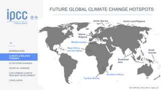INTRODUCTION
CLIMATE & RELATED
CHANGES
ECOSYSTEM CHANGES
SOCIETAL CHANGES
LOW CARBON CLIMATE-
RESILIENT DEVELOPMENT
CONCLUSION
FUTURE GLOBAL CLIMATE CHANGE HOTSPOTS
Arctic Sea Ice Arctic Land Regions
Mediterranean
West Africa
and the Sahel
Southern Africa
Alpine
Regions
Southeast
Asia
Fynbos Biome
Small
Islands
HOT SPOTS: IPCC SR15, Table 3.6
15
 