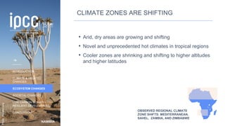 NAMIBIA
INTRODUCTION
CLIMATE & RELATED
CHANGES
ECOSYSTEM CHANGES
SOCIETAL CHANGES
LOW CARBON CLIMATE-
RESILIENT DEVELOPMENT
CONCLUSION
Photo:
MarliesCraig
CLIMATE ZONES ARE SHIFTING
• Arid, dry areas are growing and shifting
• Novel and unprecedented hot climates in tropical regions
• Cooler zones are shrinking and shifting to higher altitudes
and higher latitudes
OBSERVED REGIONAL CLIMATE
ZONE SHIFTS: MEDITERRANEAN,
SAHEL, ZAMBIA, AND ZIMBABWE
19
 