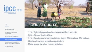 ZAMBIA
INTRODUCTION
CLIMATE & RELATED
CHANGES
ECOSYSTEM CHANGES
SOCIETAL CHANGES
LOW CARBON CLIMATE-
RESILIENT DEVELOPMENT
CONCLUSION
Photo:
Marlies
Craig
• 11% of global population has decreased food security
• 20% of these live in Africa
• 31% of undernourished populations live in Africa (about 254 million)
• Heat and dryness impact on agriculture
• Made worse by other human activities
FOOD SECURITY
33
 