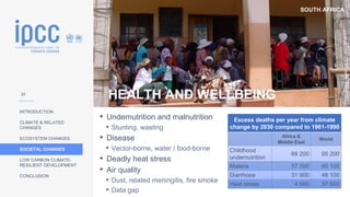 SOUTH AFRICA
INTRODUCTION
CLIMATE & RELATED
CHANGES
ECOSYSTEM CHANGES
SOCIETAL CHANGES
LOW CARBON CLIMATE-
RESILIENT DEVELOPMENT
CONCLUSION
Photo:
Marlies
Craig
HEALTH AND WELLBEING
• Undernutrition and malnutrition
• Stunting, wasting
• Disease
• Vector-borne, water / food-borne
• Deadly heat stress
• Air quality
• Dust, related meningitis, fire smoke
• Data gap
37
Excess deaths per year from climate
change by 2030 compared to 1961-1990
Africa &
Middle East
World
Childhood
undernutrition
68 200 95 200
Malaria 57 500 60 100
Diarrhoea 31 900 48 100
Heat stress 4 900 37 600
 