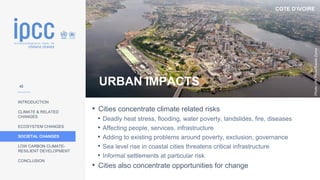 COTE D’IVOIRE
INTRODUCTION
CLIMATE & RELATED
CHANGES
ECOSYSTEM CHANGES
SOCIETAL CHANGES
LOW CARBON CLIMATE-
RESILIENT DEVELOPMENT
CONCLUSION
Photo:
UN
Photo/Basile
Zoma
URBAN IMPACTS
• Cities concentrate climate related risks
• Deadly heat stress, flooding, water poverty, landslides, fire, diseases
• Affecting people, services, infrastructure
• Adding to existing problems around poverty, exclusion, governance
• Sea level rise in coastal cities threatens critical infrastructure
• Informal settlements at particular risk
• Cities also concentrate opportunities for change
42
 
