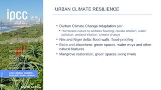 SOUTH AFRICA
INTRODUCTION
CLIMATE & RELATED
CHANGES
ECOSYSTEM CHANGES
SOCIETAL CHANGES
LOW CARBON CLIMATE-
RESILIENT DEVELOPMENT
CONCLUSION
Photo:
Marlies
Craig
URBAN CLIMATE RESILIENCE
• Durban Climate Change Adaptation plan
• Harnesses nature to address flooding, coastal erosion, water
pollution, wetland siltation, climate change
• Nile and Niger delta: flood walls, flood-proofing
• Beira and elsewhere: green spaces, water ways and other
natural features
• Mangrove restoration, green spaces along rivers
54
 