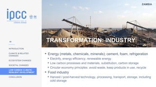 ZAMBIA
INTRODUCTION
CLIMATE & RELATED
CHANGES
ECOSYSTEM CHANGES
SOCIETAL CHANGES
LOW CARBON CLIMATE-
RESILIENT DEVELOPMENT
CONCLUSION
TRANSFORMATION: INDUSTRY
• Energy (metals, chemicals, minerals); cement, foam, refrigeration
• Electrify, energy efficiency, renewable energy
• Low carbon processes and materials, substitution, carbon storage
• Circular economy principles: avoid waste, keep products in use, recycle
• Food industry
• Harvest / post-harvest technology, processing, transport, storage, including
cold storage
55
 
