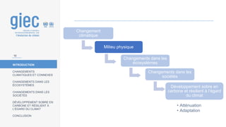 INTRODUCTION
CHANGEMENTS
CLIMATIQUES ET CONNEXES
CHANGEMENTS DANS LES
ÉCOSYSTÈMES
CHANGEMENTS DANS LES
SOCIÉTÉS
DÉVELOPPEMENT SOBRE EN
CARBONE ET RÉSILIENT À
L’ÉGARD DU CLIMAT
CONCLUSION
Changement
climatique
Milieu physique
Changements dans les
écosystèmes
Changements dans les
sociétés
Développement sobre en
carbone et résilient à l’égard
du climat
• Atténuation
• Adaptation
12
 