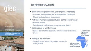 SOUDAN
INTRODUCTION
CHANGEMENTS
CLIMATIQUES ET CONNEXES
CHANGEMENTS DANS LES
ÉCOSYSTÈMES
CHANGEMENTS DANS LES
SOCIÉTÉS
DÉVELOPPEMENT SOBRE EN
CARBONE ET RÉSILIENT À
L’ÉGARD DU CLIMAT
CONCLUSION
DÉSERTIFICATION
• Sécheresses (fréquentes, prolongées, intenses)
• Causées ou amplifiées par le changement climatique
• Plus chaudes et donc plus graves
• Activités humaines (accentuées par la sécheresse)
• Récolte du bois
• Surpâturage, piétinement et compactage du sol
• Érosion par le vent et l'eau
• Baisse de la fertilité des sols, diminution de la rétention
d'eau
• Manque de données
• Superficie des terres dégradées, cartes de
la végétation
LA CORNE DE
L'AFRIQUE
DEVIENT
PLUS SÈCHE
SÉCHERESSE
PROLONGÉE ET
SURPÂTURAGE
20
 