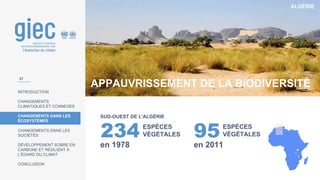 ALGÉRIE
INTRODUCTION
CHANGEMENTS
CLIMATIQUES ET CONNEXES
CHANGEMENTS DANS LES
ÉCOSYSTÈMES
CHANGEMENTS DANS LES
SOCIÉTÉS
DÉVELOPPEMENT SOBRE EN
CARBONE ET RÉSILIENT À
L’ÉGARD DU CLIMAT
CONCLUSION
APPAUVRISSEMENT DE LA BIODIVERSITÉ
234
en 1978
95
en 2011
ESPÈCES
VÉGÉTALES
SUD-OUEST DE L'ALGÉRIE
21
ESPÈCES
VÉGÉTALES
 