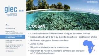 SEYCHELLES
INTRODUCTION
CHANGEMENTS
CLIMATIQUES ET CONNEXES
CHANGEMENTS DANS LES
ÉCOSYSTÈMES
CHANGEMENTS DANS LES
SOCIÉTÉS
DÉVELOPPEMENT SOBRE EN
CARBONE ET RÉSILIENT À
L’ÉGARD DU CLIMAT
CONCLUSION
L’OCÉAN
• L'océan absorbe 90 % de la chaleur – vagues de chaleur marines
• L'océan absorbe 20 à 30 % du dioxyde de carbone – acidification, chimie
• Nutriments et oxygène dissous dans l'eau
• Zones mortes
• Répartition et abondance de la vie marine
• Disparition de 70 à 90 % des récifs coralliens des tropiques
à 1,5 °C de réchauffement
26
 