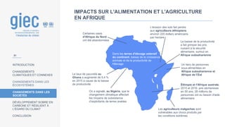 INTRODUCTION
CHANGEMENTS
CLIMATIQUES ET CONNEXES
CHANGEMENTS DANS LES
ÉCOSYSTÈMES
CHANGEMENTS DANS LES
SOCIÉTÉS
DÉVELOPPEMENT SOBRE EN
CARBONE ET RÉSILIENT À
L’ÉGARD DU CLIMAT
CONCLUSION
Les agriculteurs malgaches sont
vulnérables aux chocs produits par
les conditions extrêmes
L'érosion des sols fait perdre
aux agriculteurs éthiopiens
environ 220 dollars américains
par hectare
Dans les terres d'élevage extensif
du continent, baisse de la croissance
animale et de la productivité de
l'élevage
Le taux de pauvreté au
Ghana a augmenté de 5,4 %
en 2015 à cause de la baisse
de productivité
On a signalé, au Nigéria, que le
changement climatique affectait
les moyens de subsistance
d’exploitants de terres arables
Éthiopie et l'Afrique australe,
2015 et 2016: pire sécheresse
en 50 ans, 28 millions de
personnes ont eu besoin d'aide
alimentaire
Un tiers de personnes
sous-alimentées en
Afrique subsaharienne et
Afrique de l’Est
La baisse de la productivité
a fait grimper les prix,
nuisant à la sécurité
alimentaire, surtout en
Afrique subsaharienne
Certaines oasis
d'Afrique du Nord
ont été abandonnées
IMPACTS SUR L'ALIMENTATION ET L'AGRICULTURE
EN AFRIQUE
31
 