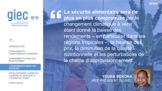 BÉNIN
INTRODUCTION
CHANGEMENTS
CLIMATIQUES ET CONNEXES
CHANGEMENTS DANS LES
ÉCOSYSTÈMES
CHANGEMENTS DANS LES
SOCIÉTÉS
DÉVELOPPEMENT SOBRE EN
CARBONE ET RÉSILIENT À
L’ÉGARD DU CLIMAT
CONCLUSION
La sécurité alimentaire sera de
plus en plus compromise par le
changement climatique à venir,
étant donné la baisse des
rendements – en particulier dans les
régions tropicales –, la hausse des
prix, la diminution de la qualité
nutritionnelle et les perturbations de
la chaîne d’approvisionnement.
YOUBA SOKONA
VICE-PRÉSIDENT DU GIEC
32
 
