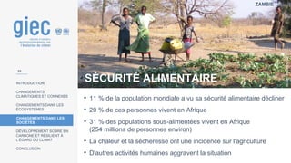 ZAMBIE
Photo
:
Marlies
Craig
INTRODUCTION
CHANGEMENTS
CLIMATIQUES ET CONNEXES
CHANGEMENTS DANS LES
ÉCOSYSTÈMES
CHANGEMENTS DANS LES
SOCIÉTÉS
DÉVELOPPEMENT SOBRE EN
CARBONE ET RÉSILIENT À
L’ÉGARD DU CLIMAT
CONCLUSION
• 11 % de la population mondiale a vu sa sécurité alimentaire décliner
• 20 % de ces personnes vivent en Afrique
• 31 % des populations sous-alimentées vivent en Afrique
(254 millions de personnes environ)
• La chaleur et la sécheresse ont une incidence sur l'agriculture
• D'autres activités humaines aggravent la situation
SÉCURITÉ ALIMENTAIRE
33
 