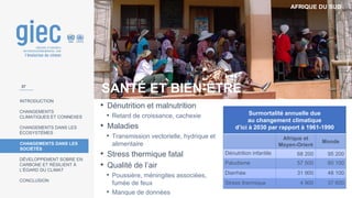 AFRIQUE DU SUD
Photo
:
Marlies
Craig
INTRODUCTION
CHANGEMENTS
CLIMATIQUES ET CONNEXES
CHANGEMENTS DANS LES
ÉCOSYSTÈMES
CHANGEMENTS DANS LES
SOCIÉTÉS
DÉVELOPPEMENT SOBRE EN
CARBONE ET RÉSILIENT À
L’ÉGARD DU CLIMAT
CONCLUSION
SANTÉ ET BIEN-ÊTRE
• Dénutrition et malnutrition
• Retard de croissance, cachexie
• Maladies
• Transmission vectorielle, hydrique et
alimentaire
• Stress thermique fatal
• Qualité de l’air
• Poussière, méningites associées,
fumée de feux
• Manque de données
Surmortalité annuelle due
au changement climatique
d’ici à 2030 par rapport à 1961-1990
Afrique et
Moyen-Orient
Monde
Dénutrition infantile 68 200 95 200
Paludisme 57 500 60 100
Diarrhée 31 900 48 100
Stress thermique 4 900 37 600
37
 