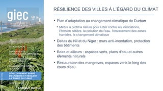 AFRIQUE DU SUD
INTRODUCTION
CHANGEMENTS
CLIMATIQUES ET CONNEXES
CHANGEMENTS DANS LES
ÉCOSYSTÈMES
CHANGEMENTS DANS LES
SOCIÉTÉS
DÉVELOPPEMENT SOBRE
EN CARBONE ET RÉSILIENT
À L’ÉGARD DU CLIMAT
CONCLUSION
Photo:
Marlies
Craig
RÉSILIENCE DES VILLES À L’ÉGARD DU CLIMAT
• Plan d'adaptation au changement climatique de Durban
• Mettre à profit la nature pour lutter contre les inondations,
l'érosion côtière, la pollution de l'eau, l'envasement des zones
humides, le changement climatique
• Deltas du Nil et du Niger : murs anti-inondation, protection
des bâtiments
• Beira et ailleurs : espaces verts, plans d'eau et autres
éléments naturels
• Restauration des mangroves, espaces verts le long des
cours d'eau
54
 