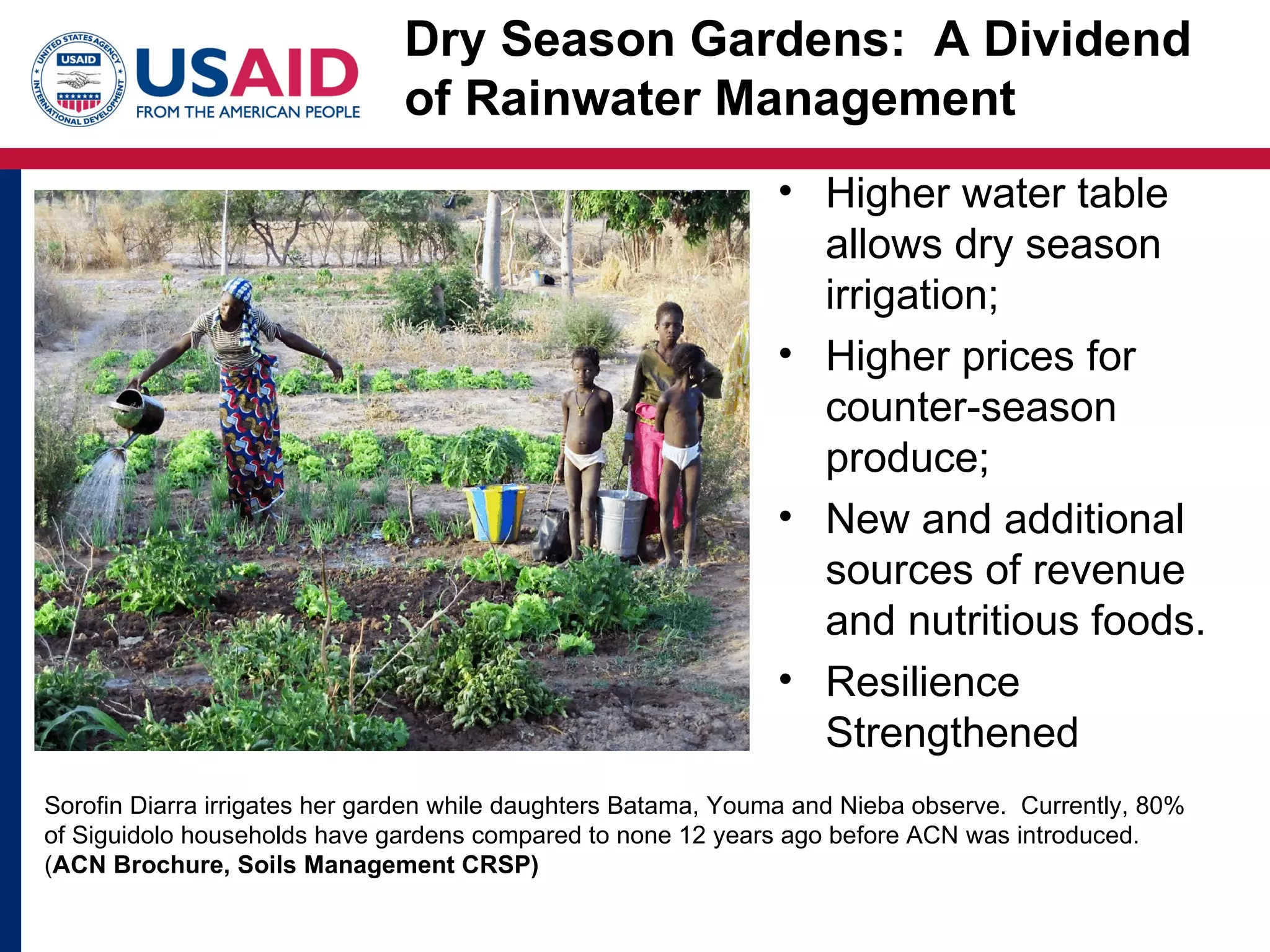 Dry Season Gardens: A Dividend
                               of Rainwater Management
                                                               • Higher water table
                                                                 allows dry season
                                                                 irrigation;
                                                               • Higher prices for
                                                                 counter-season
                                                                 produce;
                                                               • New and additional
                                                                 sources of revenue
                                                                 and nutritious foods.
                                                               • Resilience
                                                                 Strengthened
Sorofin Diarra irrigates her garden while daughters Batama, Youma and Nieba observe. Currently, 80%
of Siguidolo households have gardens compared to none 12 years ago before ACN was introduced.
(ACN Brochure, Soils Management CRSP)
 