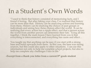 In a Student’s Own Words
    “I used to think that history consisted of memorizing facts, and I
    found it boring. But a...