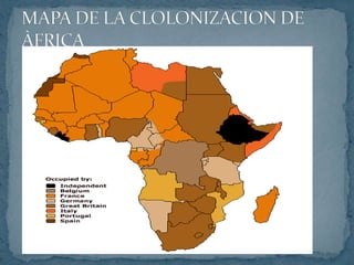 Importancia estratégica  Conferencia de Berlín 1884-1885Tenía como justificación acabar con el comercio de esclavos,  y promover la civilización de los africanos abriendo el comercio desde su interior, pero fue una forma organizada  entre potencias de repartirse el territorioLas naciones asistentes fueron: Alemania, Austria-Hungría, Bélgica, Dinamarca, España, EE.UU., Francia, Gran Bretaña, Holanda, Italia, Portugal, Suecia, Noruega y Turquía