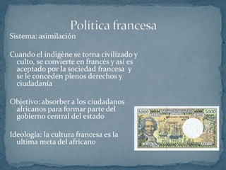 SUPREMACÍA BLANCA Y NACIONALISMO AFRICANO Suma total de todas las actitudes  europeas  que subsisten presuponiendo la infra humanidad respecto el pueblo africano Se establece un dominador y un dominado Y se da un choque de intereses entre ambos pueblos 