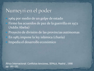 1)Confrontación Este- Oeste o de las superpotencias5)Conflicto de Sudan entre el norte y el sur1956-20052)Guerras SeparatistasDURANTE LA GUERRA FRÍA4)“Operación Carlota”3)Sudáfrica del apartheidhttp://www.portalplanetasedna.com.ar/lista_guerras.htmhttp://clioperu.blogspot.com/2011/01/los-movimientos-nacionalistas.htmlhttp://www.ifex.org/angola/2010/03/03/rights_defenders_jailed/es/www.lajornadanet.com/diario/archivo/2011/enero/.../8.html