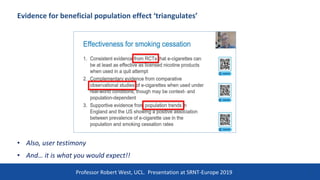 Evidence for beneficial population effect ‘triangulates’
• Also, user testimony
• And… it is what you would expect!!
15
Professor Robert West, UCL. Presentation at SRNT-Europe 2019
 
