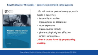 …if a risk-averse, precautionary approach
makes e-cigarettes:
• less easily accessible
• less palatable or acceptable
• more expensive
• less consumer friendly
• pharmacologically less effective
• inhibits innovation …
…then it causes harm by perpetuating
smoking.
Royal College of Physicians – perverse unintended consequences
19
Royal College of Physicians. Nicotine without smoke: tobacco harm reduction London: RCP; 2016.
 