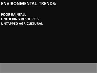 ENVIRONMENTAL TRENDS:

POOR RAINFALL
UNLOCKING RESOURCES
UNTAPPED AGRICULTURAL
 