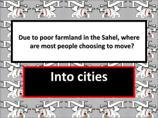 Due to poor farmland in the Sahel, where are most people choosing to move? Into cities 
