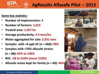 AgResults Aflasafe Pilot -- 2013
www.iita.orgA member of CGIAR consortium
Some key statistics
• Number of implementers: 4
• Number of farmers: 1,015
• Treated area: 1,457 ha
• Average productivity: 4.3 tons/ha
• Maize aggregated for sale: 2,031 tons
• Samples with <4 ppb AF (n = 660): 99%
• Samples with >70% aflasafe strains
(n = 88): 65% to 100%
• ROI: -28 to 510% (mean 210%)
• Aflasafe maize kept for family (n = 60): 46%
 