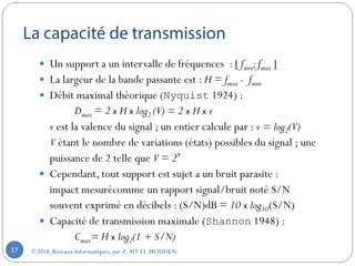 ©2018, Réseaux Informatiques, par Z.AIT EL MOUDEN17
 Un support a un intervalle de fréquences : [ fmin;fmax ]
 La largeur de la bande passante est : H = fmax - fmin
 Débit maximal théorique (Nyquist 1924) :
Dmax = 2 x H x log2 (V) = 2 x H x v
v est la valence du signal ; un entier calcule par : v = log2(V)
V étant le nombre de variations (états) possibles du signal ; une
puissance de 2 telle que V = 2v
 Cependant, tout support est sujet a un bruit parasite :
impact mesurécomme un rapport signal/bruit noté S/N
souvent exprimé en décibels : (S/N)dB = 10 x log10(S/N)
 Capacité de transmission maximale (Shannon 1948) :
Cmax= H x log2(1 + S/N)
 