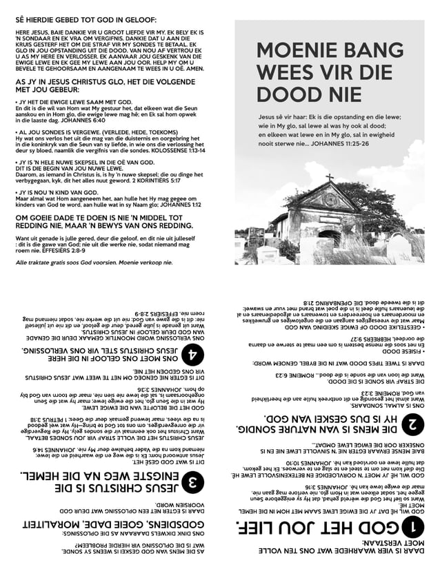 Afrikaans Printable Do Not Fear Death Gospel Tract (Letter Size 8.5 x