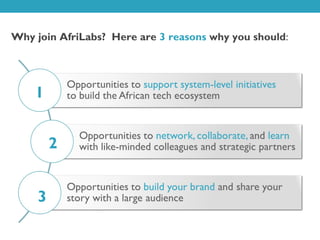 Why join AfriLabs? Here are 3 reasons why you should:




    1


         2


     3
 