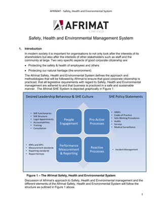 AFRIMAT - Safety, Health and Environmental System




         Safety, Health and Environmental Management System

1.   Introduction
     In modern society it is important for organisations to not only look after the interests of its
     shareholders but also after the interests of other stakeholders such as staff and the
     community at large. Two very specific aspects of good corporate citizenship are:
     • Protecting the safety & health of employees and others
     • Protecting our natural heritage (the environment)
     The Afrimat Safety, Health and Environmental System defines the approach and
     methodologies that will be followed by Afrimat to ensure that good corporate citizenship is
     practiced, that all legislative requirements with regard to Safety, Health and Environmental
     management are adhered to and that business is practiced in a safe and sustainable
     manner. The Afrimat SHE System is depicted graphically in Figure 1.

     Desired Leadership Behaviour & SHE Culture                            SHE Policy Statements



          •   SHE Functionaries                                              •    HIRA’s
          •   SHE Structure                                                  •    Codes of Practice
          •                                                                  •    Safe Working Procedures
              Legal Appointments     People                Pro-Active        •    Audits
          •   Accountabilities
          •   Training
                                   Engagement              Processes         •    Surveys
          •   Consultation                                                   •    Medical Surveillance




     •   KPA’s and KPI’s           Performance
     •   Measurement standards                             Reactive
     •   Reporting standards       Measurement                                   • Incident Management
                                                           Processes
     •   Report formats            & Reporting




      Figure 1 – The Afrimat Safety, Health and Environmental System
     Discussion of Afrimat’s approach to Safety, Health and Environmental management and the
     different elements of the Afrimat Safety, Health and Environmental System will follow the
     structure as outlined in Figure 1 above.

                                                                                                            1
 