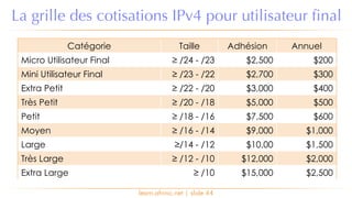 learn.afrinic.net | slide 44
La grille des cotisations IPv4 pour utilisateur final
Catégorie Taille Adhésion Annuel
Micro Utilisateur Final ≥ /24 - /23 $2,500 $200
Mini Utilisateur Final ≥ /23 - /22 $2,700 $300
Extra Petit ≥ /22 - /20 $3,000 $400
Très Petit ≥ /20 - /18 $5,000 $500
Petit ≥ /18 - /16 $7,500 $600
Moyen ≥ /16 - /14 $9,000 $1,000
Large ≥/14 - /12 $10,00 $1,500
Très Large ≥ /12 - /10 $12,000 $2,000
Extra Large ≥ /10 $15,000 $2,500
 