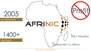 learn.afrinic.net | slide 20
HQ = Mauritius
Datacenter = S. Africa
1400+
Members
2005
Incorporated
Profit
 