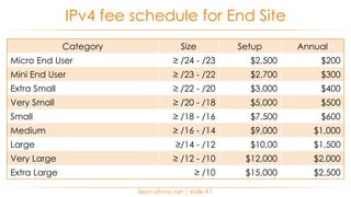 learn.afrinic.net | slide 41
IPv4 fee schedule for End Site
Category Size Setup Annual
Micro End User ≥ /24 - /23 $2,500 $200
Mini End User ≥ /23 - /22 $2,700 $300
Extra Small ≥ /22 - /20 $3,000 $400
Very Small ≥ /20 - /18 $5,000 $500
Small ≥ /18 - /16 $7,500 $600
Medium ≥ /16 - /14 $9,000 $1,000
Large ≥/14 - /12 $10,00 $1,500
Very Large ≥ /12 - /10 $12,000 $2,000
Extra Large ≥ /10 $15,000 $2,500
 