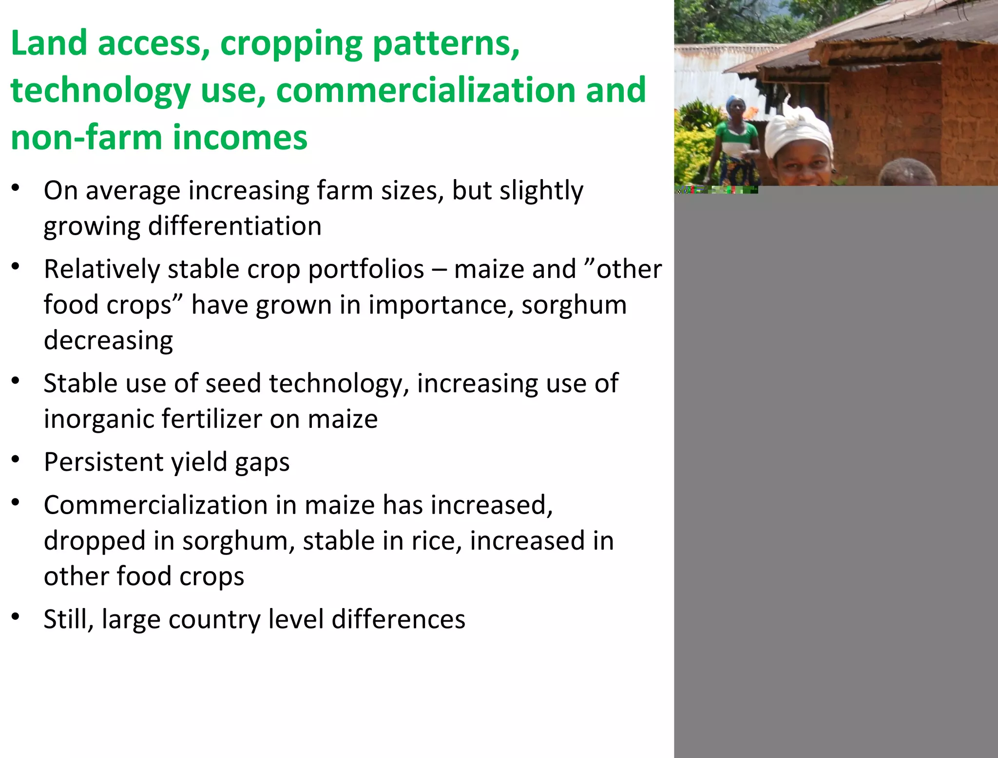 Land access, cropping patterns,
technology use, commercialization and
non-farm incomes
• On average increasing farm sizes, but slightly
growing differentiation
• Relatively stable crop portfolios – maize and ”other
food crops” have grown in importance, sorghum
decreasing
• Stable use of seed technology, increasing use of
inorganic fertilizer on maize
• Persistent yield gaps
• Commercialization in maize has increased,
dropped in sorghum, stable in rice, increased in
other food crops
• Still, large country level differences
 