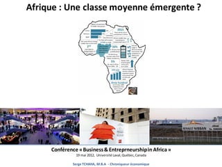 Afrique : Une classe moyenne émergente ?




     Conférence « Business & Entreprneurship in Africa »
               19 mai 2012, Université Laval, Québec, Canada

              Serge TCHAHA, M.B.A - Chroniqueur économique
 